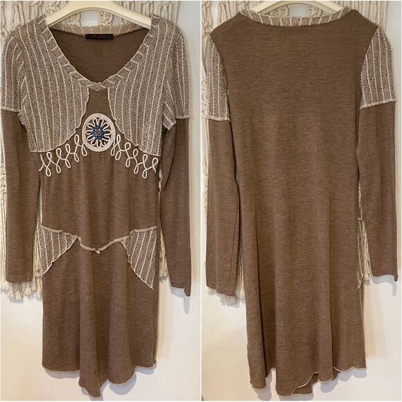 Crunchy Hippie Tunic Mini Dress Crochet & Beaded Brown Mixed Media SZ Medium - Picture 1 of 6
